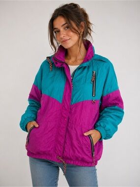 Vintage Helly Hansen Windbreaker Women’s Small Teal Pink Colorblock 90s Jacket
